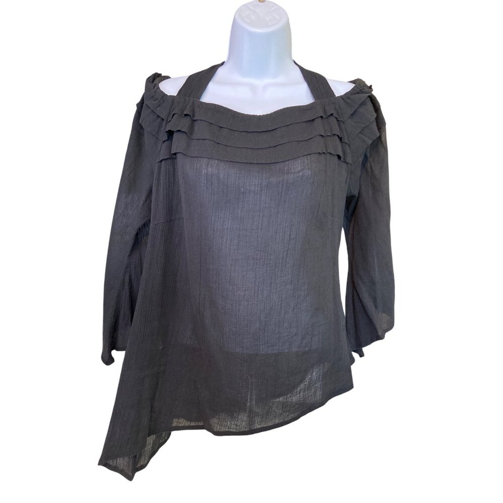 Bleu Bayou Black Cold Shoulder Sheer Blouse Size L Asymmetrical Hem